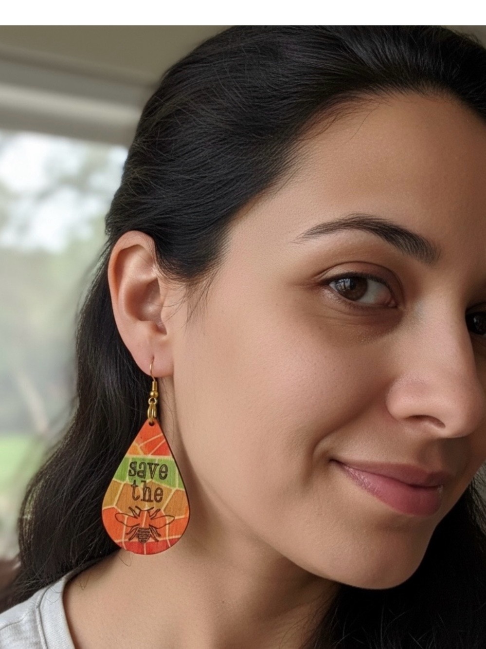 Save the Bees Wooden Teardrop Dangle Earrings Boho Nature Bee Earrings